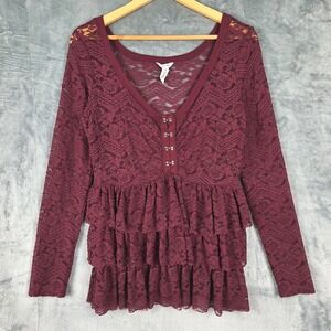 Womens Top Large Burgundy Red Ruffle Tiered Sheer Romantic Floral Lace‎ Feminine